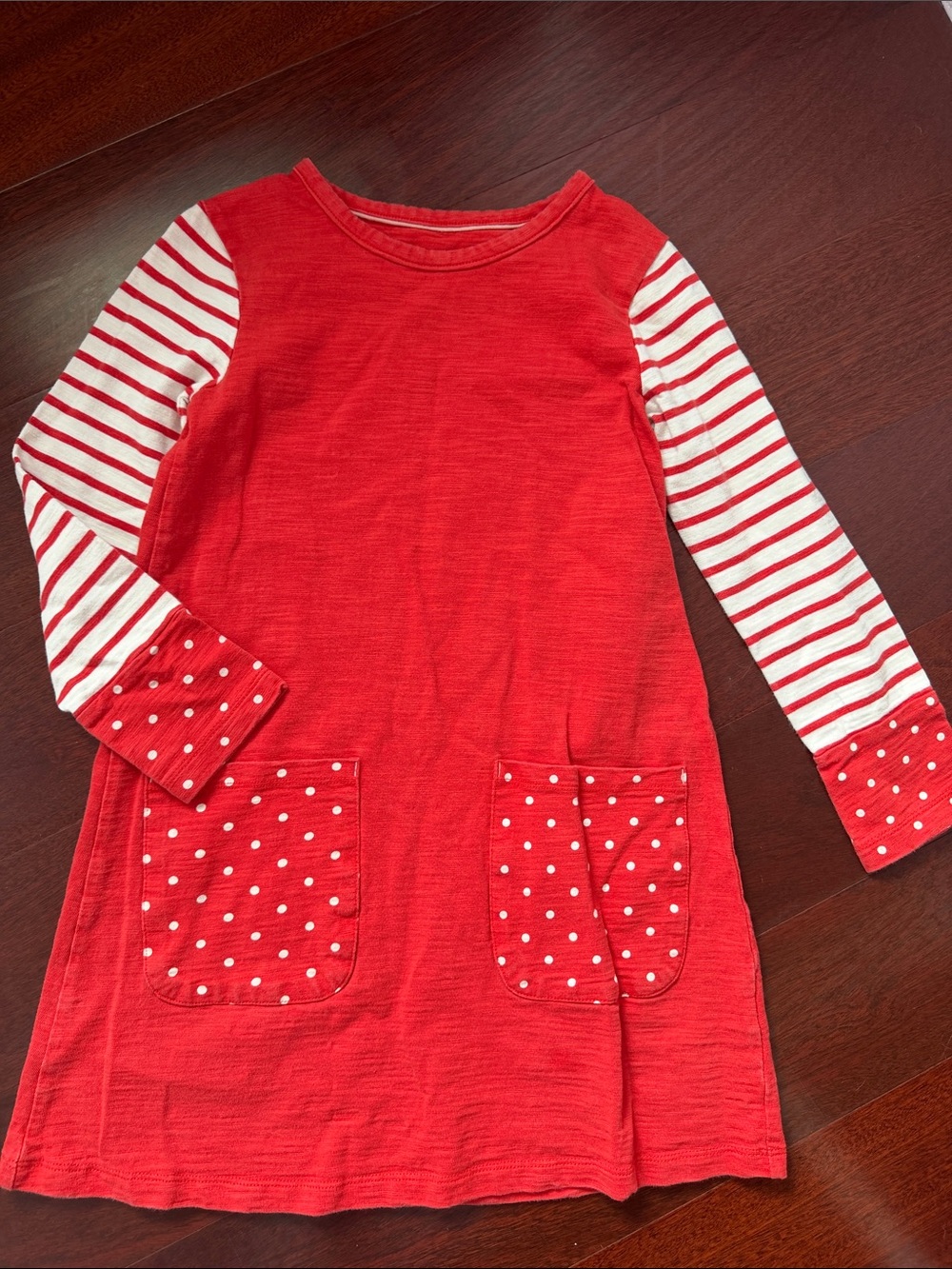 Mini Boden Reddish Long-Sleeve Girls' Pocket Tee with Striped Sleeves